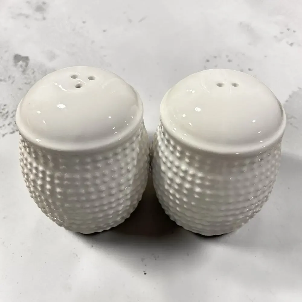 White Hobnail Ceramic Salt & Pepper Shakers Set 2 Glossy Round